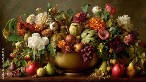 A dramatic still life painting depicts a lavish, overflowing bowl of autumnal fruits and flowers arranged on a dark wooden table. The bowl, crafted from a rich, burnished metal, 