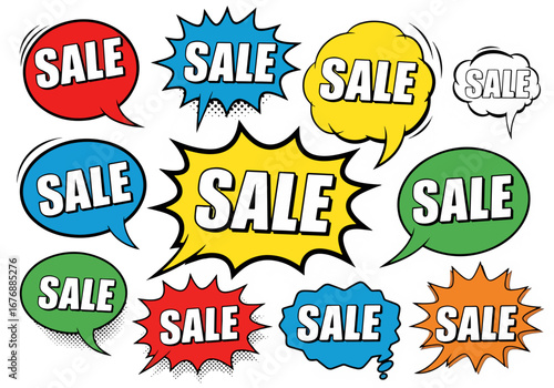 Set of colorful sale tags, Comics sale labels