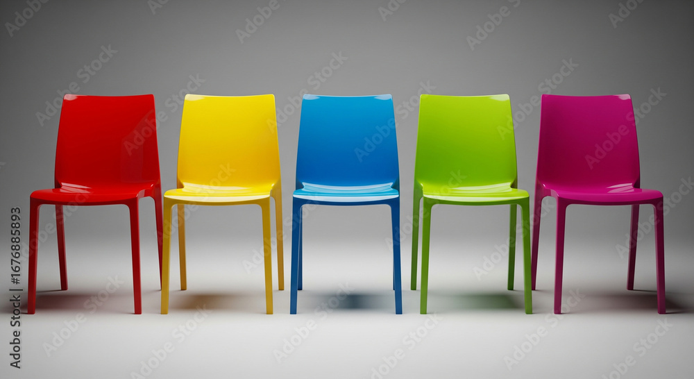 Obraz premium Five vibrant, colorful chairs arranged in a row against a neutral gray background.
