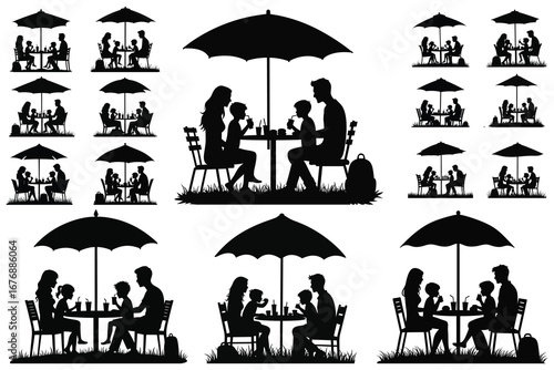 Family enjoying drinks and food at outdoor table under umbrellas