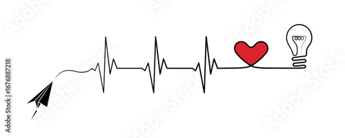 Abstract paper plane origami airplane, ekg shape route, red heart, bulb vector. Creative medical science concept design to use for cardiology, healthcare business, love concept projects.