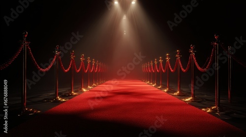 red carpet and gold stanchions under spotlight.