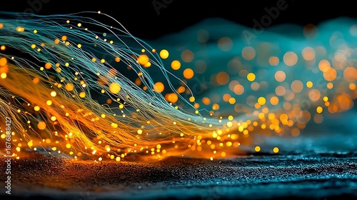 the image presents a dark, textured landscape with ethereal elements.  numerous luminous orbs float along thin, flowing lines, giving the impression of energy or light streams