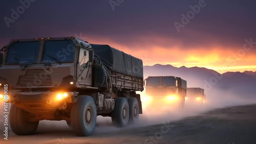 _Military Truck Convoy Moving Through Desert at Dusk