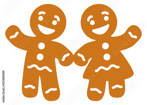 Logo postre de Navidad. Silueta de pareja de mujer y hombre de pan de jengibre, cogidos de la mano saludando felices