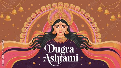 Goddess Durga illustration with flowing hair, ornate crown, and festive background of bells and arches for vibrant Durga Ashtami celebration