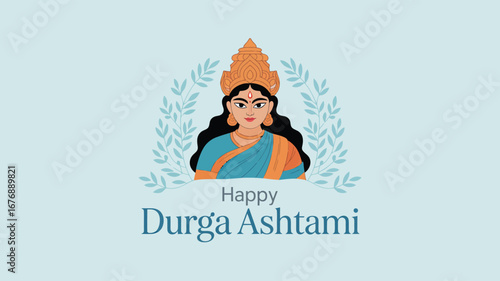Goddess Durga illustration in blue and orange sari with laurel branches and festive greeting text, symbolic artwork for Durga Ashtami