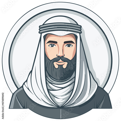Vector illustration of an Arab man with a beard wearing a traditional keffiyeh headdress in a circular frame