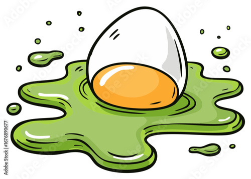 Cartoon style broken egg with yolk spilled on the green spilled liquid.