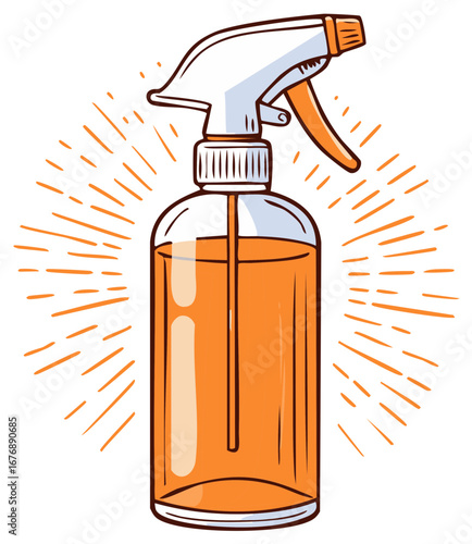 Cartoon spray bottle with liquid, orange and white design, decorative orange elements