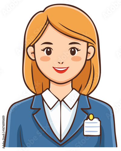 Smiling cartoon woman in a blue suit and nametag, smiling at the viewer.