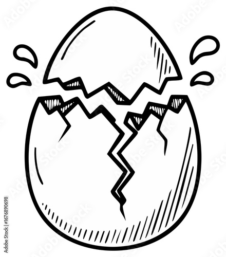 Hand drawn cracked egg, hatching or breaking concept, simple doodle line art illustration