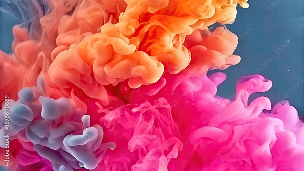 Fototapeta premium Puffs of pink smoke on blue background concept. Colorful abstract smoke swirling in vibrant hues of pink and orange.