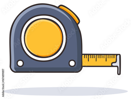 Cartoon tape measure illustration with yellow measuring tape extended from a grey casing, a handy construction tool