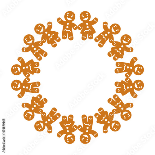 Tiempo de Navidad. Logo con corona navideña con parejas de mujeres y hombres de pan de jengibre para tarjetas y felicitaciones
