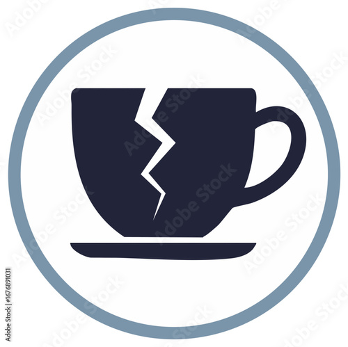 Symbolic cracked coffee cup or tea cup icon on a saucer indicating fragility or brokenness