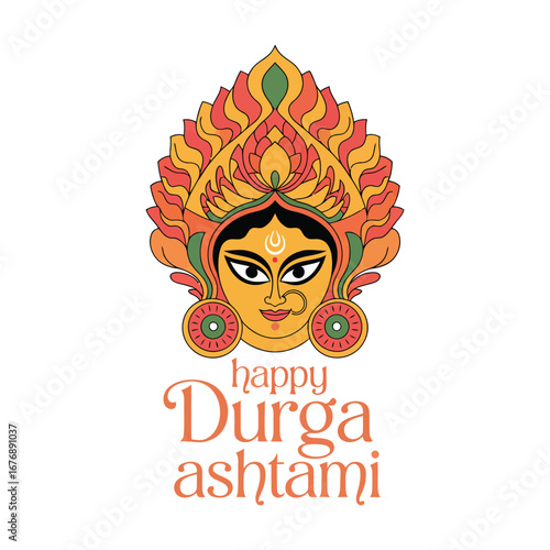 goddess durga face illustration for durga ashtami with colorful headdress, jewelry, bindi and festive greeting celebrating hindu tradition