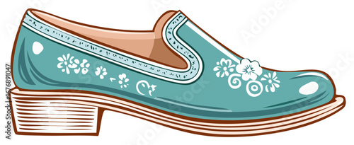 Vintage women's teal loafer with a traditional white floral pattern illustration.