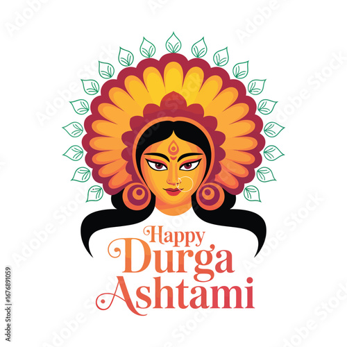 goddess durga face illustration for durga ashtami with vibrant headdress, jewelry, bindi and festive greeting celebrating hindu tradition