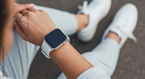 A woman wearing a smartwatch with white band and matching shoes in an outdoor setting on a sunny day