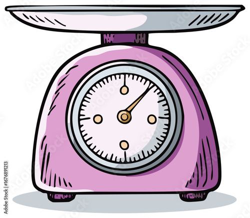 Vintage-style kitchen scale illustration featuring a pink body and a dial, perfect for cooking or measuring food.