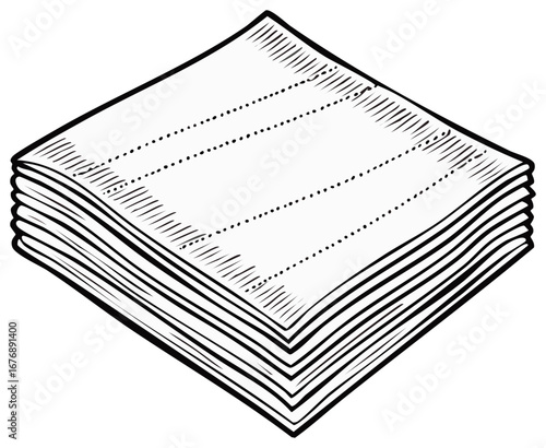 Stack of folded cloth napkins with decorative stitching in a sketch style