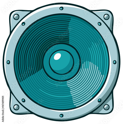 Vibrant cartoon style audio speaker or subwoofer with teal cone and metal frame illustration