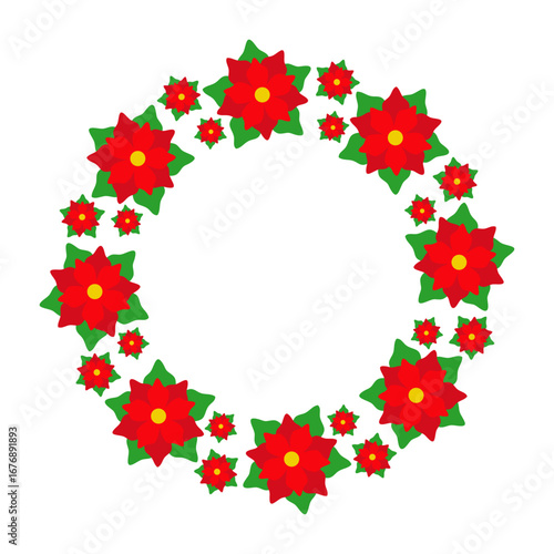 Tiempo de Navidad. Logo con corona navideña con flores de poinsettia para tarjetas y felicitaciones