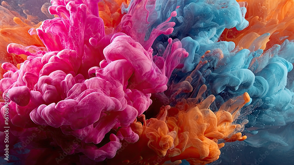 Obraz premium Puffs of pink smoke on blue background concept. Vibrant colors blend beautifully in a stunning fluid art design.