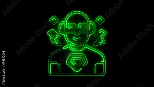Green Neon Superhero Icon with Lightning Bolts and Gemstone on Black Background glowing
