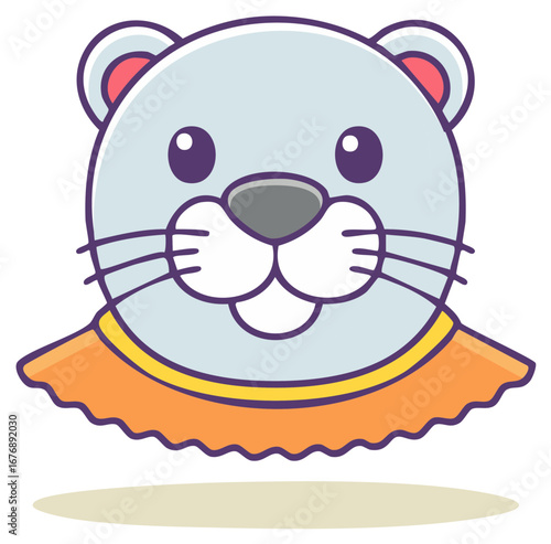 Cheerful friendly cartoon animal character head with an orange circus clown collar for children design vector illustration