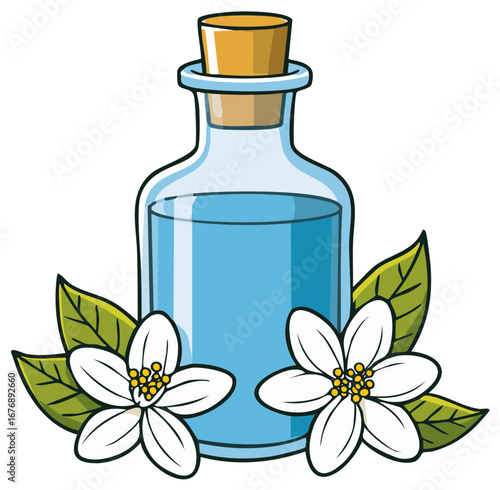Glass bottle with blue liquid and cork stopper adorned with delicate white flowers and green leaves