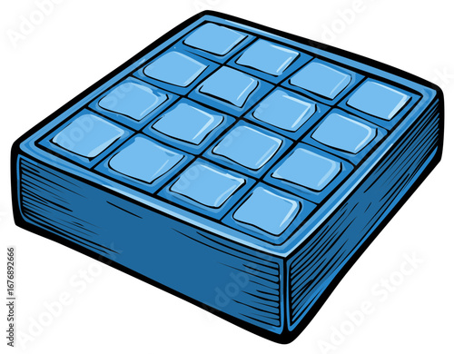 Blue ice cube tray with 16 compartments filled with ice