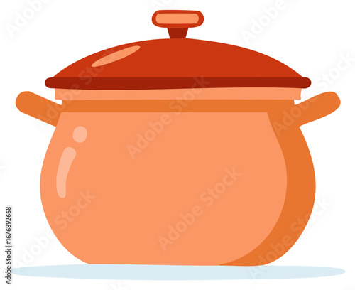 Vibrant orange cooking pot with lid kitchenware utensil flat vector illustration