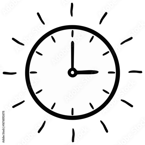 Stylized Clock Illustration Showing Time Management with Minute and Hour Hands and Radial Line Accents, Vector Design