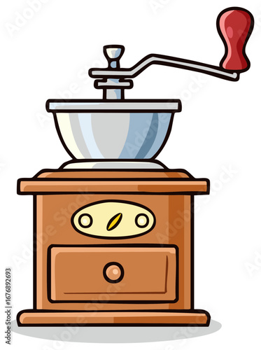 Cartoon Coffee Grinder: Classic manual coffee mill with drawer, wooden construction, and red handle for grinding beans