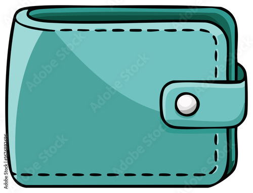 A cartoon style teal leather wallet with a snap closure and stitched details