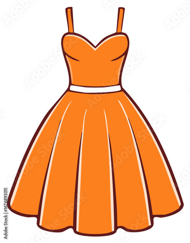 Vibrant orange cocktail dress with pleated skirt and sweetheart neckline vector graphic