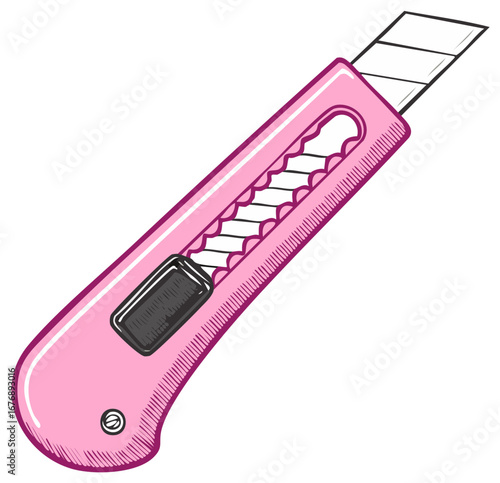 Hand drawn illustration of a pink box cutter with a retractable snap off blade