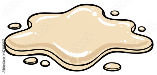 Liquid beige spot isolated on white surface with glossy highlights and small drops illustration