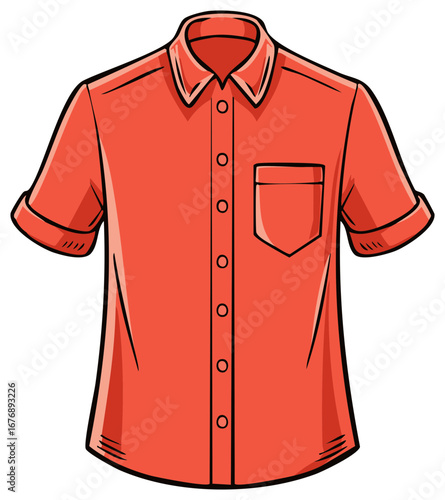 Vector illustration of a red short sleeve button down shirt with a collar and pocket