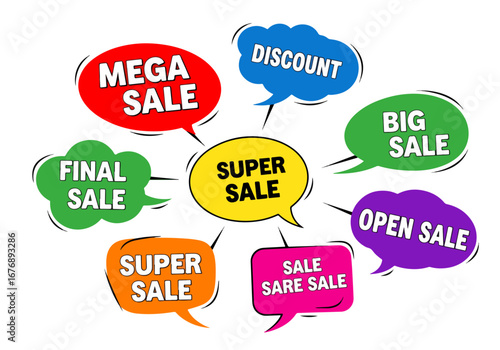 Set of colorful sale labels and business stickers featuring vector web icons for discount promotions including speech bubble tags and price banner design elements