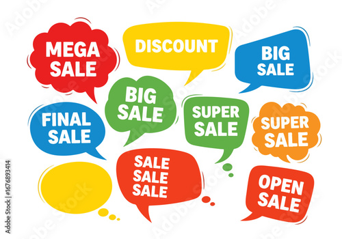 Vector set of comic speech bubbles with sale phrases. Discount card collection of Buy Now, Special Offer,