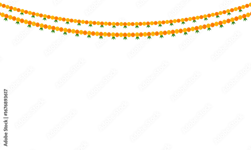 Fototapeta premium Indian marigold flower decoration: traditional celebration festival of dussehra, Diwali, wedding, invitation, card, floral on transparent background, PNG image