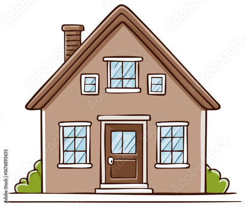 Friendly cartoon illustration of a cozy brown house with a chimney and windows
