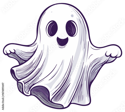 Cheerful white cartoon ghost floating happily with big round eyes and a wide smile