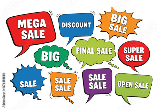 Lettering omg, sale, like, best offer, price. Set comics book balloon. Bubble icon speech phrase. Cartoon exclusive font label tag expression. Comic text sound effects. Sounds vector illustration.