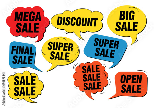 Lettering omg, sale, like, best offer, price. Set comics book balloon. Bubble icon speech phrase. Cartoon exclusive font label tag expression. Comic text sound effects. Sounds vector illustration.