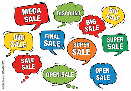 Vector set of comic speech bubbles Sale stickers. Discount card collection