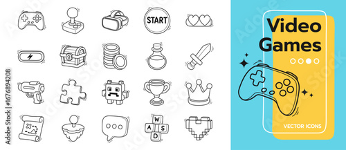 Hand Drawn Video Game Line Icons 20 Doodle Style Gaming Vector Set